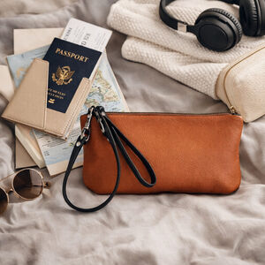 Rough & Tumble Leather Wristlet Clutch Cognac Brown Made in Maine Lg Zip Pouch